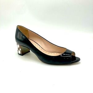 Miu Miu Black Patent Leather Peep-Toe Low Heel Pumps with Embellished Block Heel